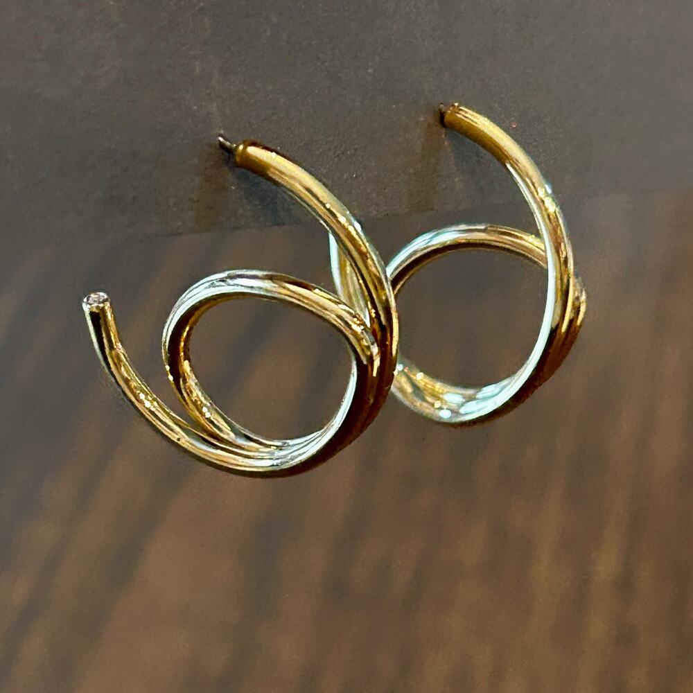Modernist Gold Tone Double Spiral Hoop Earrings Twisted